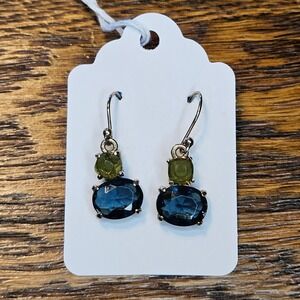 Monet Gold Tone Blue and Green Faceted Glass Tiered Dangle Drop Earrings